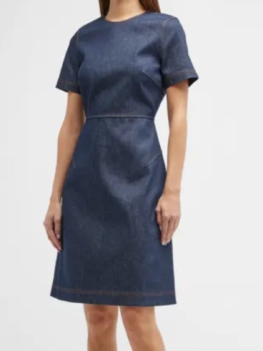 Lafayette 148 Dark Blue‎ Denim Short-Sleeve Dress crew neck